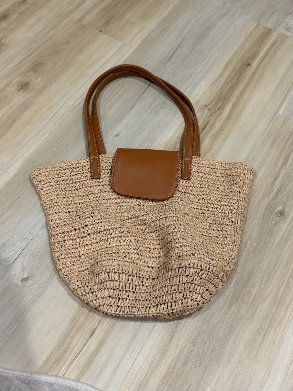 Woven Straw Tote Bag with Tan Leather Handles